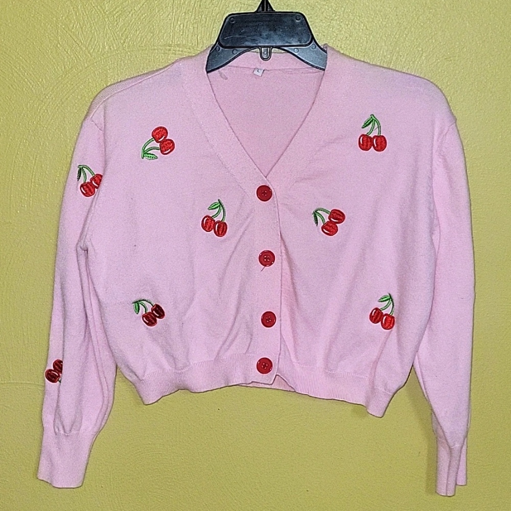 Cropped pink cherry cardigan